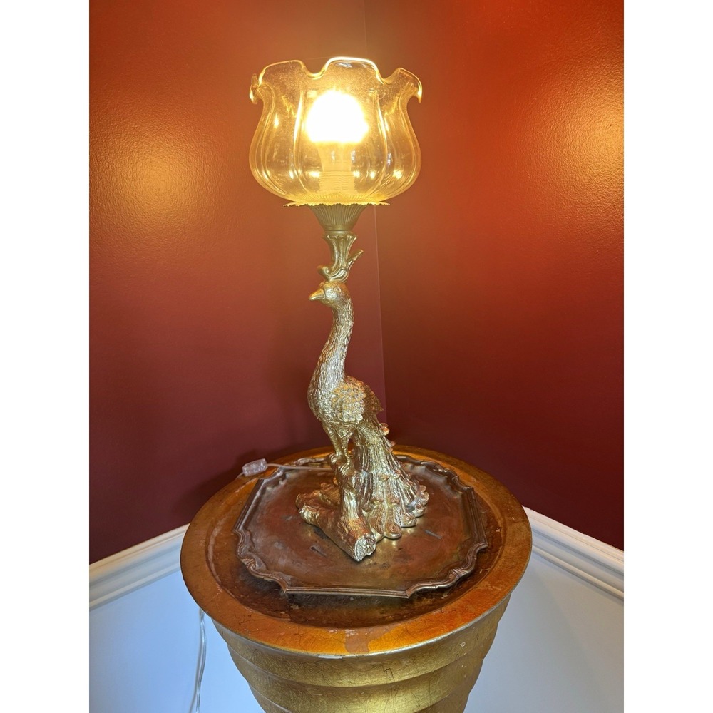 Gold Peacock Table Lamp Metal Base Yellow Glass Shade Corded Switch White Ornate